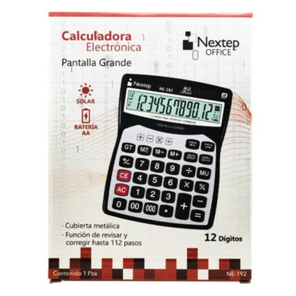 Calculadora Nextep 12 Dígitos Pantalla Grande Escritorio Cubierta Metálica Batería/Solar