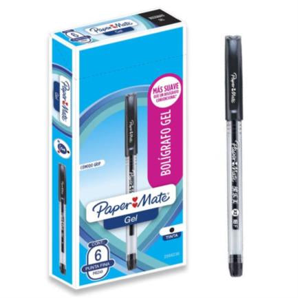 Bolígrafo Gel Papermate Eco Barril Redondo Punto Fino Color Negro C/6 Pzas