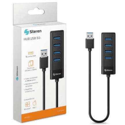 Hub Steren USB 3.0 de 4 Puertos Cable 12.5cm Color Negro