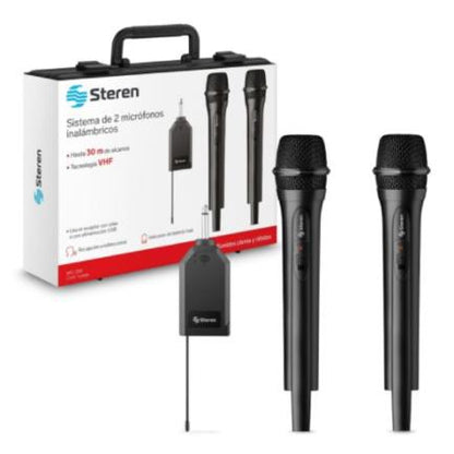 Sistema de 2 Micrófonos Steren Inalámbricos con Receptor VHF Color Negro