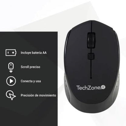 Mouse Óptico TechZone Inalámbrico 800 a 1600dpi Ajustable 3 Botones Ambidiestro Win/MAC Color Negro