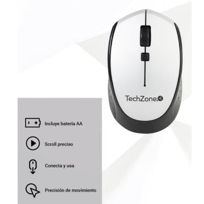 Mouse Óptico TechZone Inalámbrico 800 a 1600 DPI Ajustable 4 Botones Ambidiestro Win/MAC Color Plata