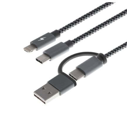 Cable Multifuncional XTech XTC-560 Carga 5 en 1 Trenzado 1.2m USB A o C a Micro USB Lightning o Tipo C Color Gris