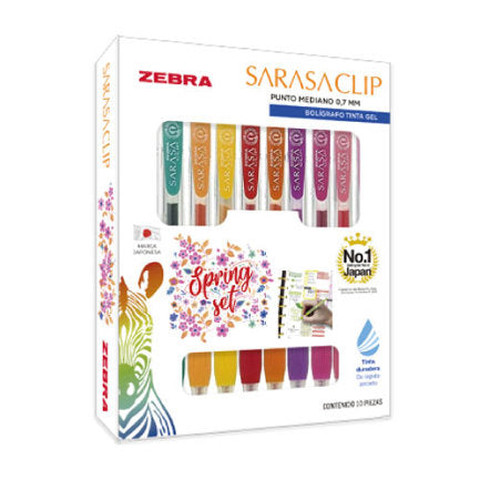 Boligrafo Zebra Sarasa Clip rollerball retractil punto mediano 0.7 tinta gel colores urtidos spring caja c/10