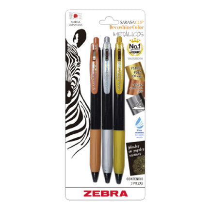 Boigrafo Zebra decoshine retractil Punto fino 0.5 tinta gel colores surtidos metalicos caja c/3