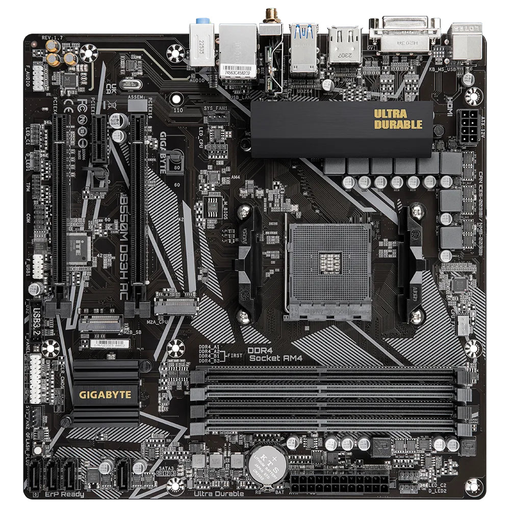 Tarjeta Madre Gigabyte B550M DS3H AC REV. 1.7 4xDDR4 128GB 4733Mhz PCIe 4.0 M.2 HDMI S AM4 Ryzen RGB FUSION mATX Wi-Fi
