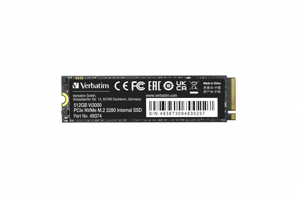 Unidad de Estado Solido SSD VERBATIM Vi3000 PCIe NVMe M.2 2280 de 516GB Lect 3100/2100 MB/sUnidad de Estado Solido SSD V