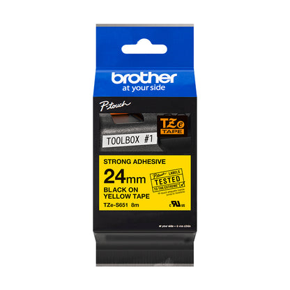 Cinta Brother TZeS651 Laminada Súper Adhesiva Texto Negro Fondo Amarillo 24mmx8m