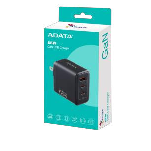 CARGADOR ADATA USB DE PARED 65W GAN 2PUERTO USB TIPO C 1 PUERTO USB A ENCHUFE PLEGABLE NEGRO